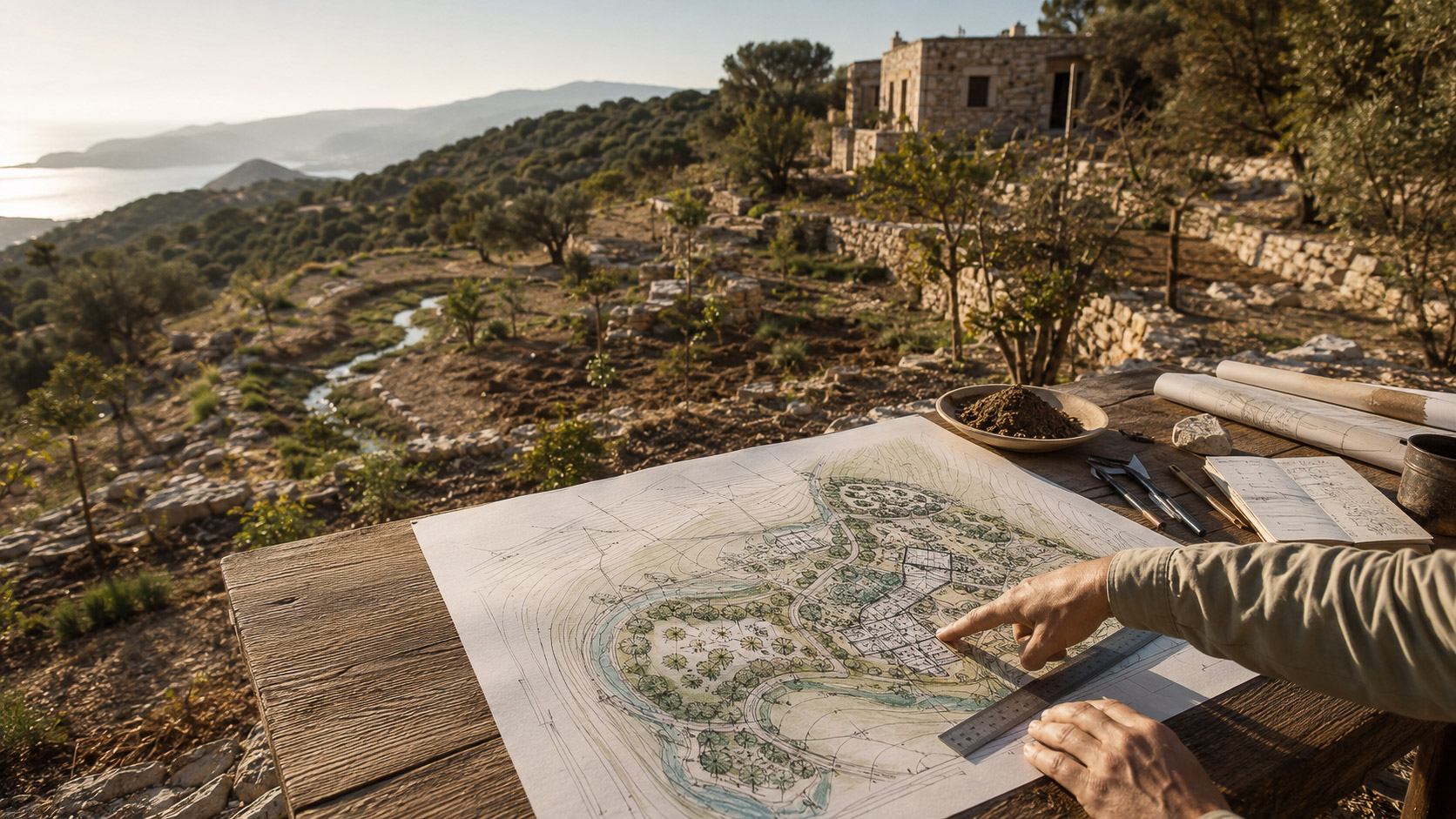 Hizmetler Kaş Antalya'da bir permakültür arazisinde hazırlanan elle çizilmiş masterplan; arka planda teraslı zeytinlik ve Akdeniz